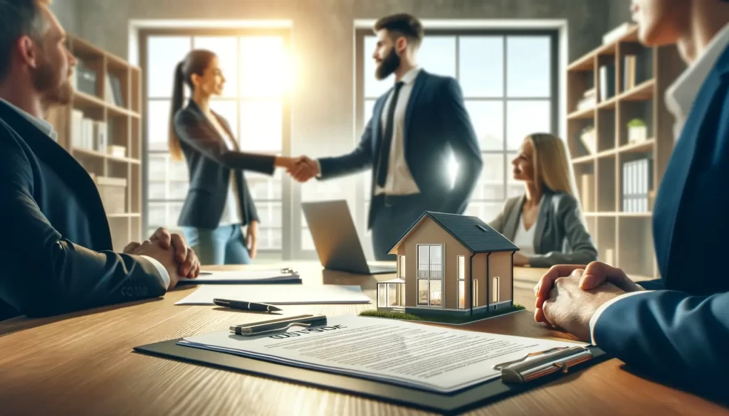 Процесс продажи квартиры с рукопожатием продавца и покупателя