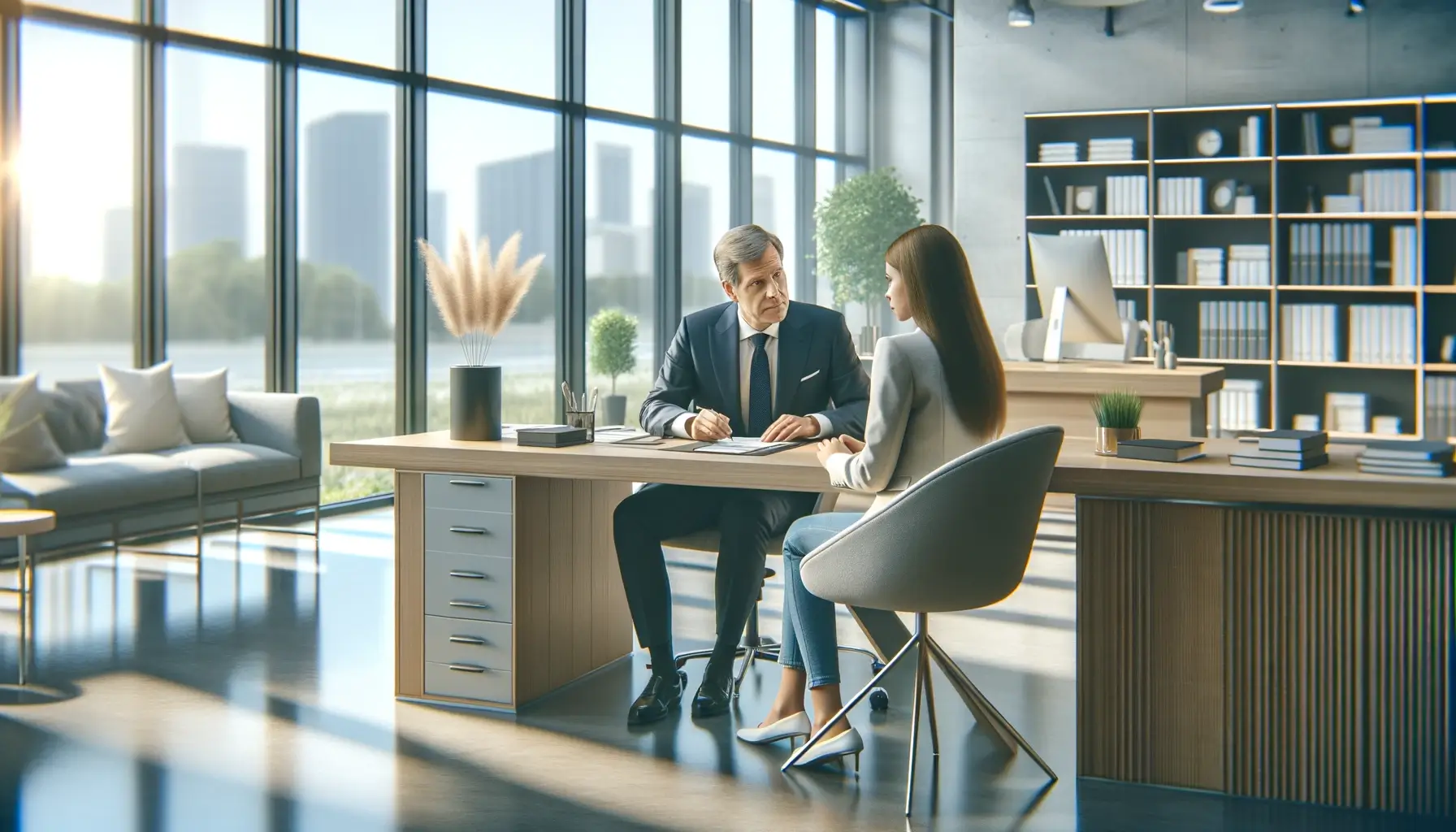 Широкий, реалистичный вид офиса, где банковский советник обсуждает документы на ипотеку с озабоченной молодой женщиной в современном, светлом банковском офисе